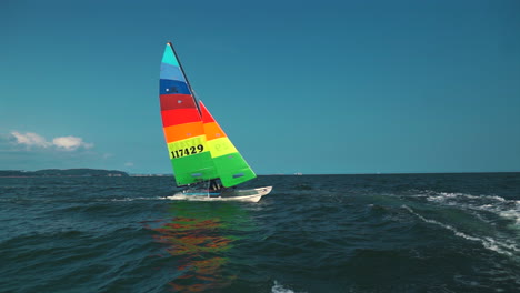 Slowmotion-shot-of-sport-catamaran-sailing-on-the-blue-waters-of-the-baltic-sea-at-summertime-sunny-day