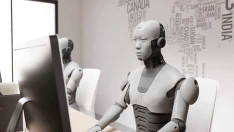 3D-Rendering-Animation-Eines-Humanoiden-Cyber-Roboters,-Der-Im-Büro-Sitzt,-Während-Er-Mit-Kunden-Auf-Der-Website-Chattet-Und-Sich-Um-Die-Arbeit-Der-Arbeiterklasse-In-Einer-Futuristischen-Gesellschaft-Kümmert