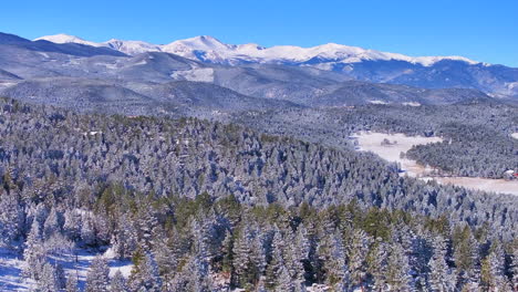 Christmas-first-snow-Evergreen-Three-Sisters-Front-Range-Denver-Mount-Blue-Sky-Evans-aerial-cinematic-drone-crisp-freezing-cold-morning-beautiful-blue-sky-frosted-pine-trees-zoomed-backward-pan-motion