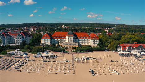 Aerial-view-of-Grand-Hotel-in-Sopot,-Poland-at-sunny-vacation-day