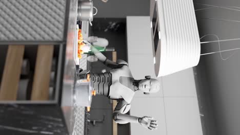 Vertikale-Darstellung-Eines-Futuristischen-Kochroboters-Mit-Humanoidem-Cyber-Cocktail-In-Einem-Haus,-Moderne-Küche,-Künstliche-Intelligenz,-3D-Animationswiedergabe