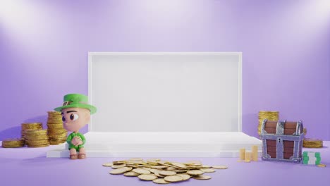3d-rendering-of-product-empty-copy-space-with-light-set-up-and-gold-money-coin-coffer-gnome-sale-on-line-shop-concept-purple-background