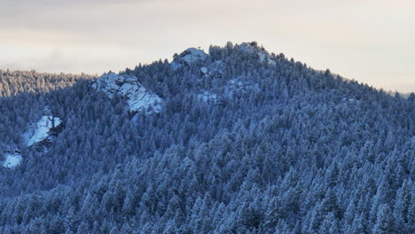 Colorado-Christmas-Rocky-Mountains-shaded-cool-blue-golden-hour-below-freezing-frosted-first-snow-forest-Evergreen-Morrison-Denver-Mount-Blue-Sky-Evans-cinematic-aerial-drone-circle-left-motion