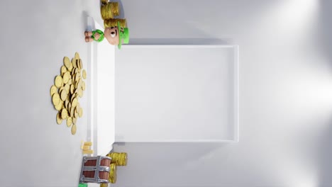 3D-Darstellung-Des-Leeren-Kopierraums-Des-Produkts-Mit-Lichtaufbau-Und-Goldgeldmünzenkassette-Und-Irischem-Gnom,-Der-Vertikal-Auf-Weißem-Hintergrund-Sitzt