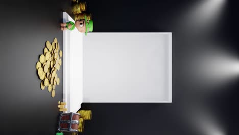 Vertikale-3D-Darstellung-Des-Leeren-Kopierraums-Des-Produkts-Mit-Lichtaufbau-Und-Goldgeldmünzenkassette-Und-Irischem-Gnom-Auf-Schwarzem-Hintergrund