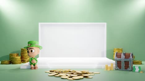 3d-rendering-of-product-empty-copy-space-with-light-set-up-and-gold-money-coin-coffer-and-gnome-sitting-green-background