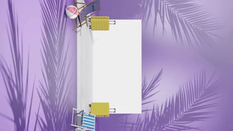 Vertikale-3D-Rendering-Animation-Des-Leeren-Kopierraums-Des-Produkts-Mit-Lichtaufbau-Und-Reisekonzept-Mit-Laptop-Und-Koffer-Auf-Violettem-Hintergrund-Am-Tropischen-Palmenstrand