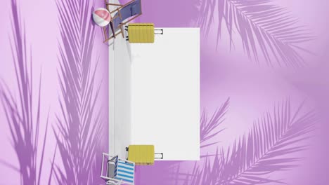 Vertikale-3D-Rendering-Animation-Des-Leeren-Kopierraums-Des-Produkts-Mit-Lichtaufbau-Und-Reisekonzept-Mit-Laptop-Und-Koffer-Auf-Tropischem-Palmenstrand-Rosa-Hintergrund