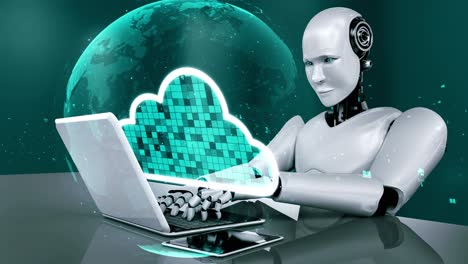 Der-KI-Roboter-Huminoid-Nutzt-Cloud-Computing-Technologie,-Um-Daten-Auf-Einem-Online-Server-Zu-Speichern