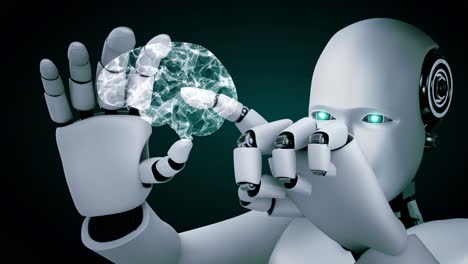 Roboter-Hominoide-Halten-Einen-HUD-Hologramm-Bildschirm-Im-Konzept-Eines-KI-denkenden-Gehirns