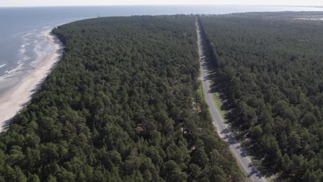 Luftaufnahmen-Zeigen-Die-Ostseeküste-Und-Eine-Straße,-Die-Einen-Wald-Durchquert