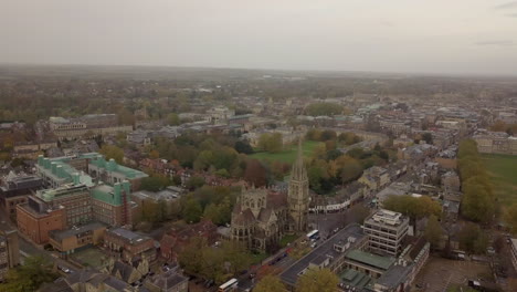 Cambridge-Centre,-drone,-look-from-sky,-foggy,-The-Church-of-Our-Lady-and-the-English-Martyrs,-Cambridge