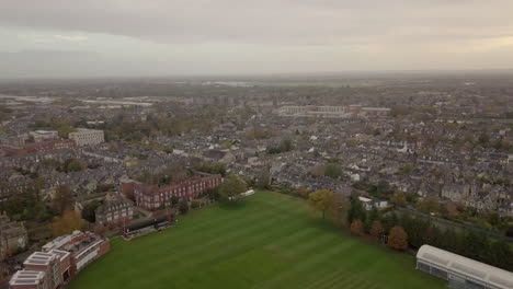 Cambridge-Centre,-drone,-look-from-sky,-foggy,-The-Church-of-Our-Lady-and-the-English-Martyrs,-Cambridge