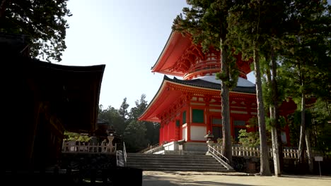 Konpon-Daito-Pagode,-Gesehen-Vom-Kongobu-Ji-Fudodo-In-Koyasan-Während-Der-Goldenen-Stunde