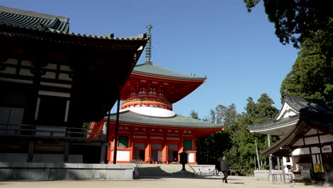 Male-Wearing-Suit-Walking-Past-Kondo-Hall-With-View-Of-Konpon-Daito-Pagoda-In-The-Background-On-Sunny-Afternoon-In-Koyasan
