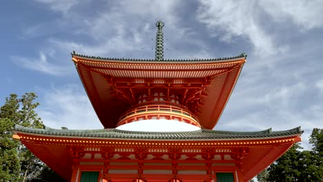 Stunning-View-Looking-Up-At-Grand-Central-Pagoda-In-Koyasan-On-Sunny-Day