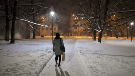 Frau-Geht-Nachts-Durch-Einen-Stadtpark,-Während-Es-Schneit---Zeitlupe