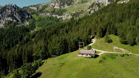 Safe-Home-High-At-The-Alps-Mountains,-Almhütte-Lofer,-Aerial-Austria