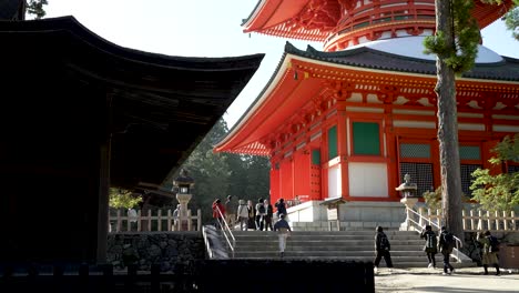 Besucher-Steigen-Treppen-Hinauf,-Die-Zum-Danjo-Garan-Führen,-Gesehen-Vom-Kongobu-Ji-Fudodo-In-Koyasan