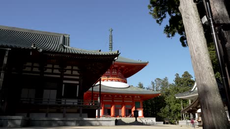 Kondo-Hall-With-View-Of-Konpon-Daito-Pagoda-In-The-Background-On-Sunny-Afternoon-In-Koyasan