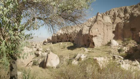 Dramatic-scenic-Turkish-rock-erosion-landscape-Cappadocia-pan-shot