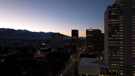 State-Street-in-Salt-Lake-City,-Utah-at-dawn---aerial-view