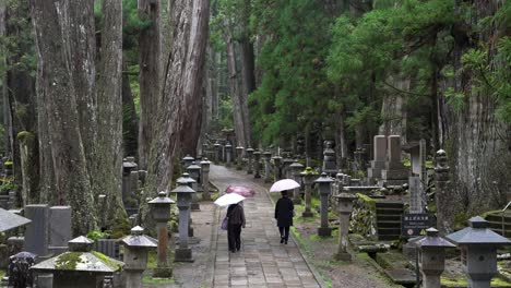 Gruppe-Von-Besuchern-Mit-Regenschirmen,-Die-Den-Weg-Auf-Dem-Okunoin-Friedhof-In-Koya-san-Entlanggehen