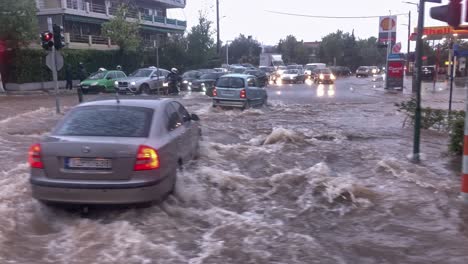 Flooded-streets-of-Kifissia,-Athens,-Greece-during-heavy-rain