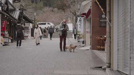 Japanese-man-on-his-phone-waiting-outside-a-shop-with-his-two-toy-poodles-while-a-young-Asian-couple-taking-pictures-in-the-historical-area-of-Higashiyama-outside-Kiyomizudera-Temple's-Niomon-Gate