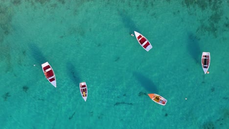 Small-white-dinghy-row-or-life-boats-anchored-in-crystal-clear-Caribbean-water,-drone-descends