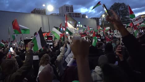 Crowd-hold-fists-in-the-air-at-pro-Palestine-protest-in-central-London,-11