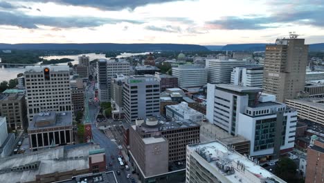 Aerial-shot-above-Pennsylvania-capital-city,-Harrisburg