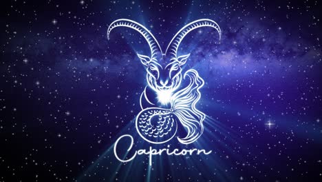 Astrological-star-sign-for-Capricorn,-with-a-shimmering-symbol-on-a-deep-space-background-with-stars-in-3D-space-and-a-smooth-camera-move-slowly-pushing-into-a-close-up,-in-dark-blue-and-teal-colors