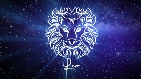 Signo-Astrológico-De-Leo,-Con-Un-Símbolo-Brillante-Sobre-Un-Fondo-De-Espacio-Profundo-Con-Estrellas-En-El-Espacio-3d-Y-Un-Movimiento-Suave-De-La-Cámara-Empujando-Lentamente-Hacia-Un-Primer-Plano,-En-Colores-Azul-Oscuro-Y-Verde-Azulado