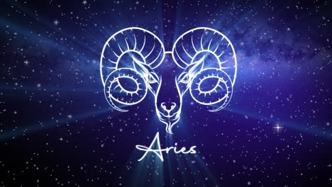 Signo-Astrológico-De-Aries,-Con-Un-Símbolo-Brillante-Sobre-Un-Fondo-De-Espacio-Profundo-Con-Estrellas-En-El-Espacio-3d-Y-Un-Movimiento-Suave-De-La-Cámara-Empujando-Lentamente-Hacia-Un-Primer-Plano,-En-Colores-Azul-Oscuro-Y-Verde-Azulado