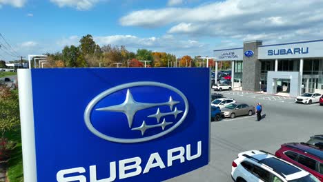 Subaru-logo-outside-of-car-dealership-in-USA