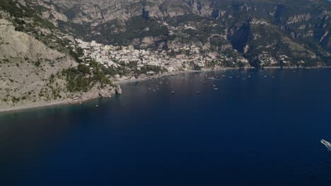 Amalfi-Coast,-DJI-Drone,-Beach,-City,-Mountains-and-Boats