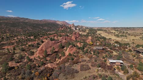 Drohnenweitwinkel-Von-Unglaublichen-Felsformationen-Und-Wunderschönen-Luxushäusern-In-Der-Nähe-Des-Garden-Of-The-Gods,-Colorado