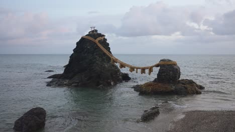 Meoto-Iwa-Wedded-Rocks-in-Mie,-Low-Tide-on-Seaside-of-Japan