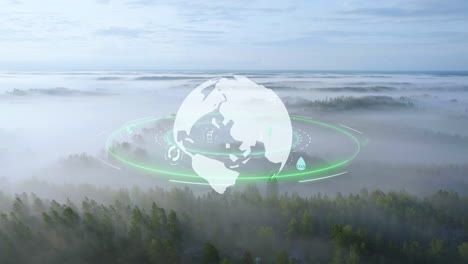 Clean-world-concept,-sustainable-icon-Globe-overlay-on-misty-forest-and-fields