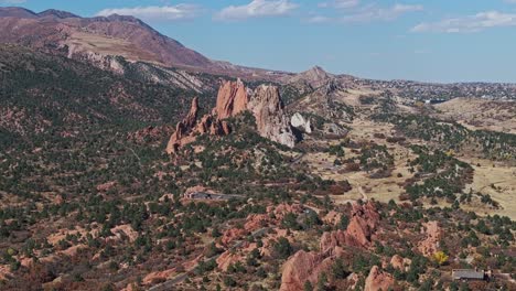 Vibrant-red-sandstone-features-stand-prominent-in-Garden-of-the-Gods-Colorado,-aerial-parallax