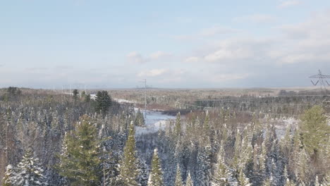 Paisaje-Rural-De-Bosque-Nevado-Con-Líneas-De-Transmisión,-Antena