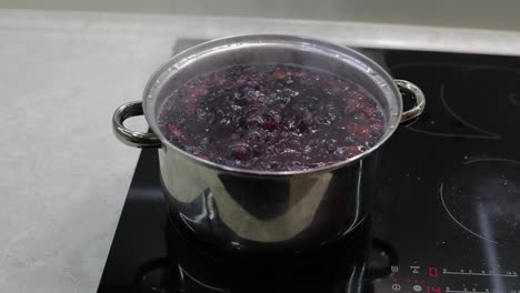 Stir-the-berries-in-pot-with-boiling-water.-Cooking-compote.-Kitchen