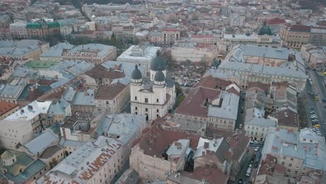 Aerial-City-Lviv,-Ukraine.-European-City.-Popular-areas-of-the-city.-Rooftops