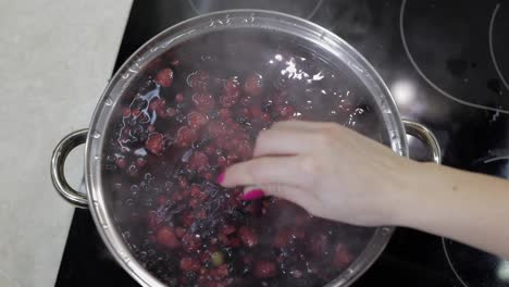 Die-Beeren-In-Einem-Topf-Mit-Kochendem-Wasser-Verrühren.-Kompott-Kochen.-Küche