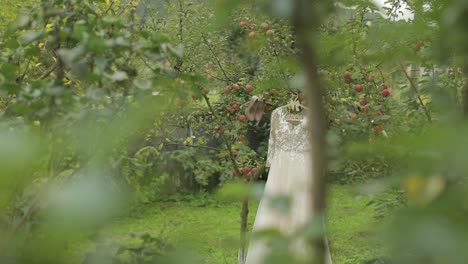 The-bride's-dress-hangs-on-an-apple-tree.-Very-beautiful-and-elegant.-Wedding