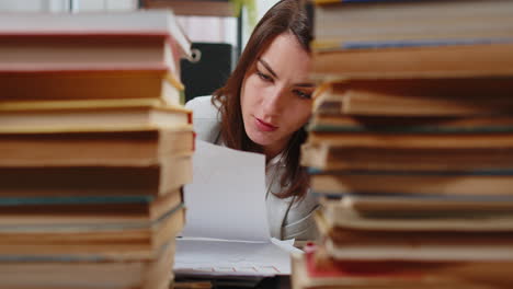 Exhausted-business-woman-looking-at-documents-reports-stacks-of-books-while-working-hard-at-office