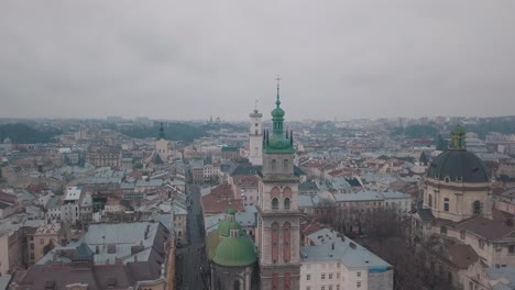 Aerial-City-Lviv,-Ukraine.-European-City.-Popular-areas-of-the-city.-Dominican