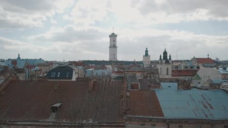 Aerial-City-Lviv,-Ukraine.-European-City.-Popular-areas-of-the-city.-Rooftops