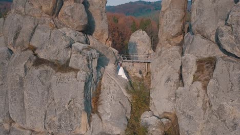 Newlyweds-stand-on-a-high-slope-of-the-mountain.-Groom-and-bride.-Arial-view